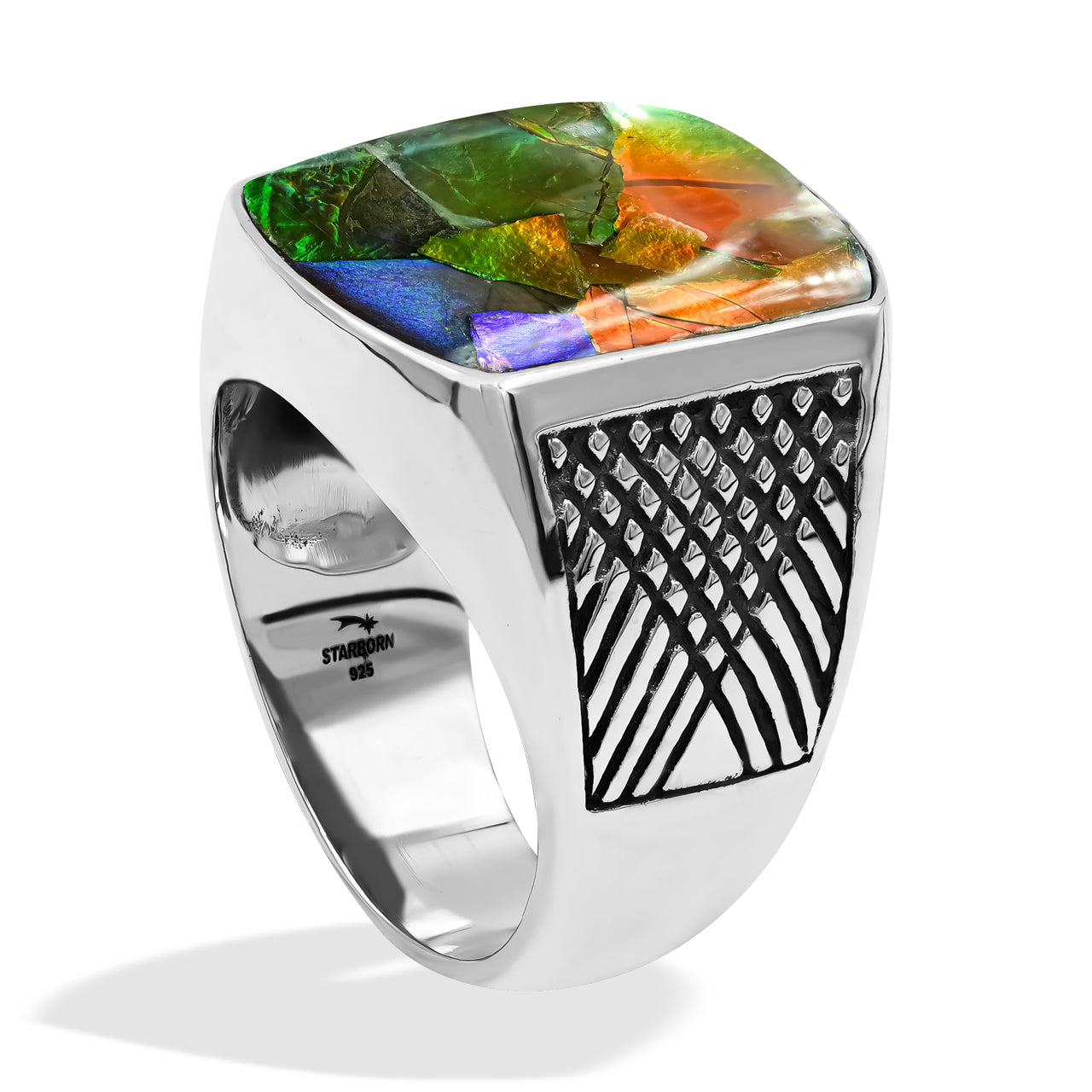 Starborn Ammolite Inlay Cushion-Shaped Men's Style Ring in Sterling Silver