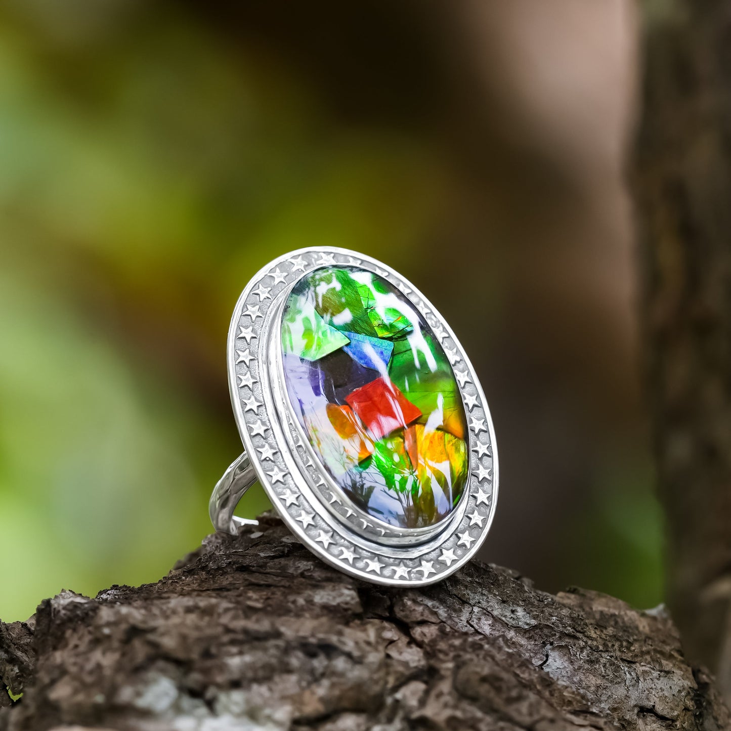 Starborn Ammolite Oval-Shape Ring in Fine Sterling Silver