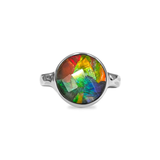 Starborn Faceted Ammolite Round Ring in Sterling Silver