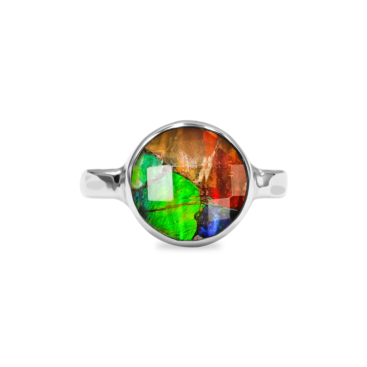 Starborn Faceted Ammolite Round Ring in Sterling Silver