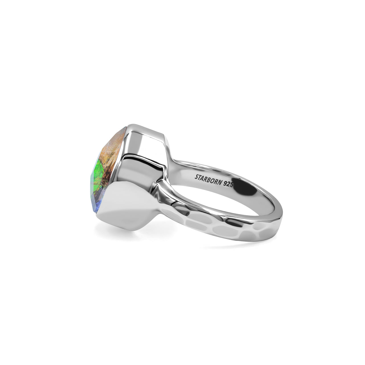 Starborn Faceted Ammolite Round Ring in Sterling Silver
