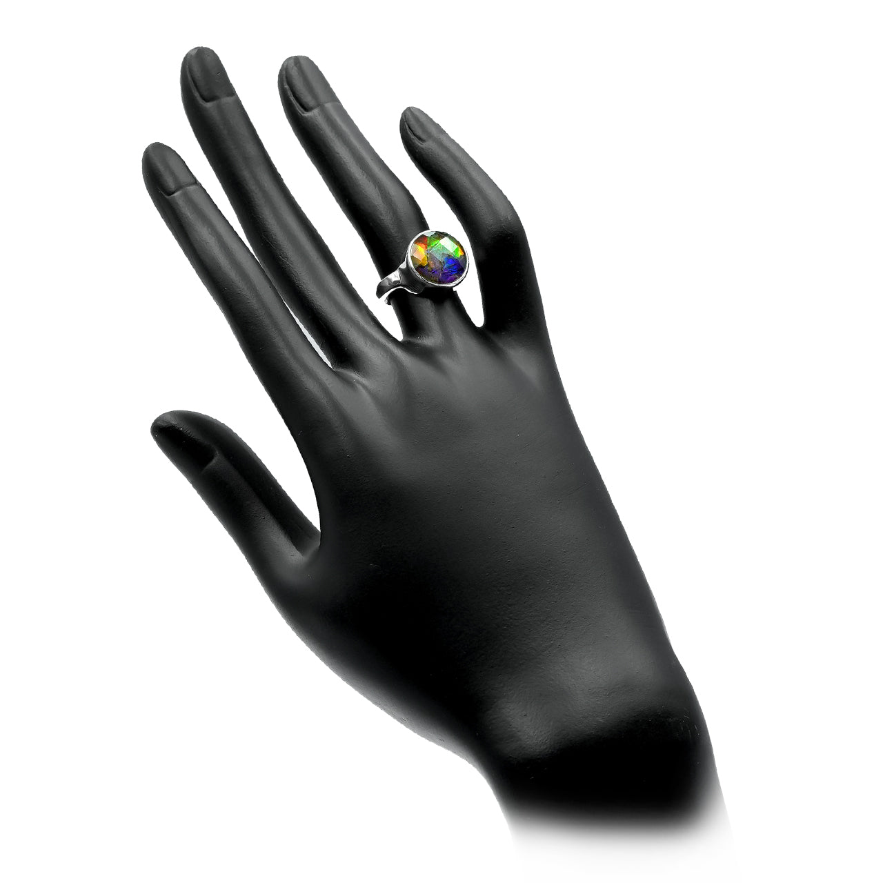 Starborn Faceted Ammolite Round Ring in Sterling Silver