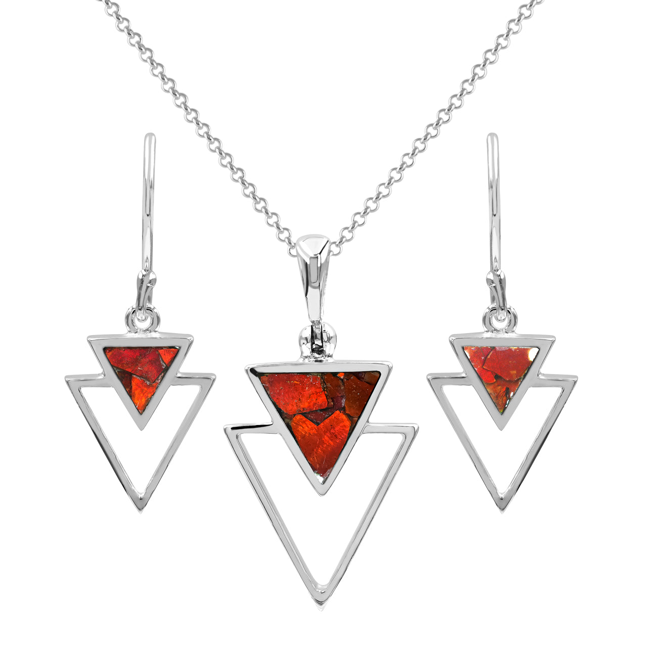 Starborn Ammolite Stacked Triangle Pendant and Earrings Set in Sterling Silver