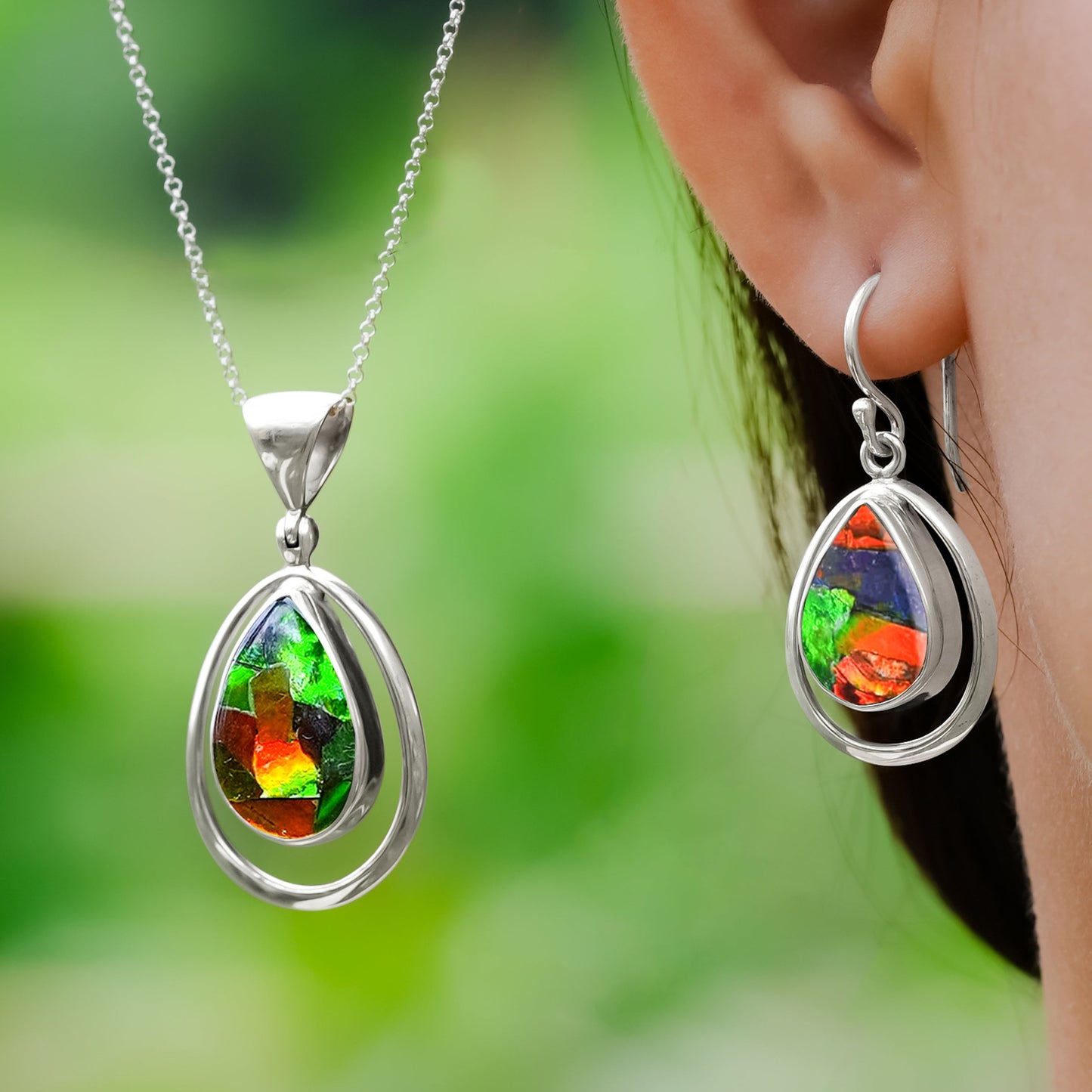 Starborn Ammolite Pear-Shaped Wire Frame Pendant and Earring Set in Sterling Silver