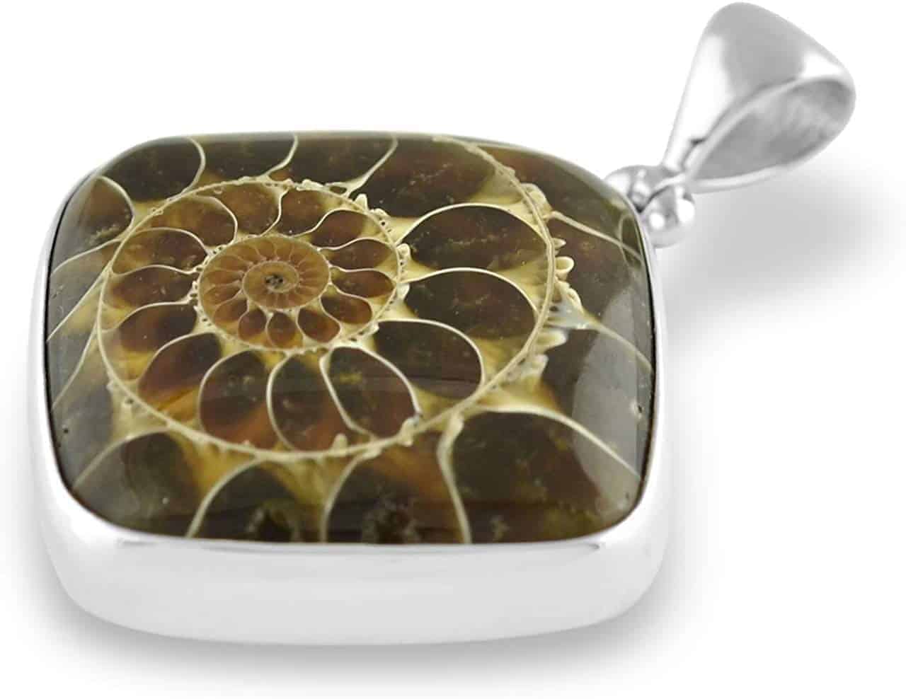 Starborn Fossilized Ammonite Square Pendant in Sterling Silver