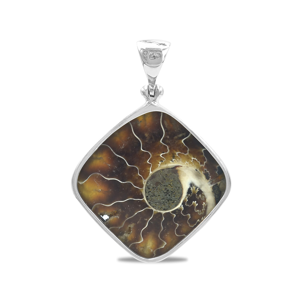 Starborn Fossilized Ammonite Square Pendant in Sterling Silver