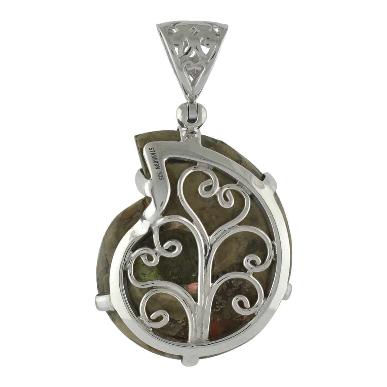 Starborn Fossil Ammonite Prong Set Pendant with Filigree Bale in Sterling Silver
