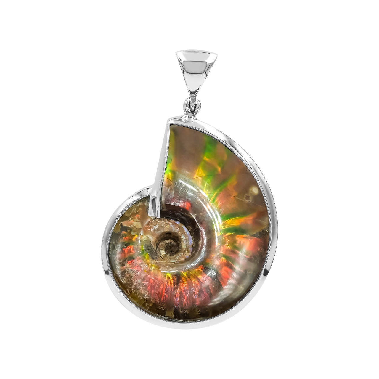 Starborn Fossilized Red Iridescent Ammonite Pendant in Sterling Silver