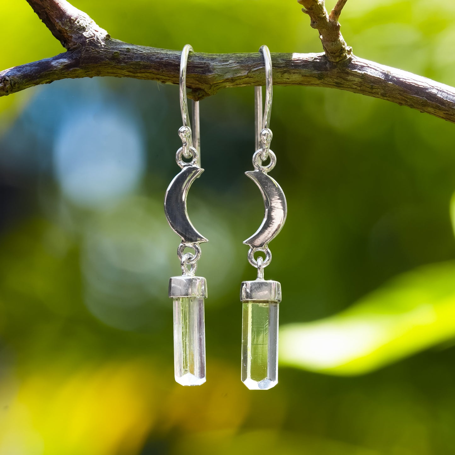Starborn Aquamarine Crystal with Silver Crescent Moon Accents Dangle Earring in Sterling Silver