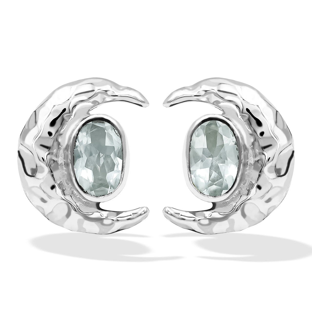 Starborn Faceted Oval Gemstone Post Earrings with Hammered Crescent Moon Accent in Sterling Silver