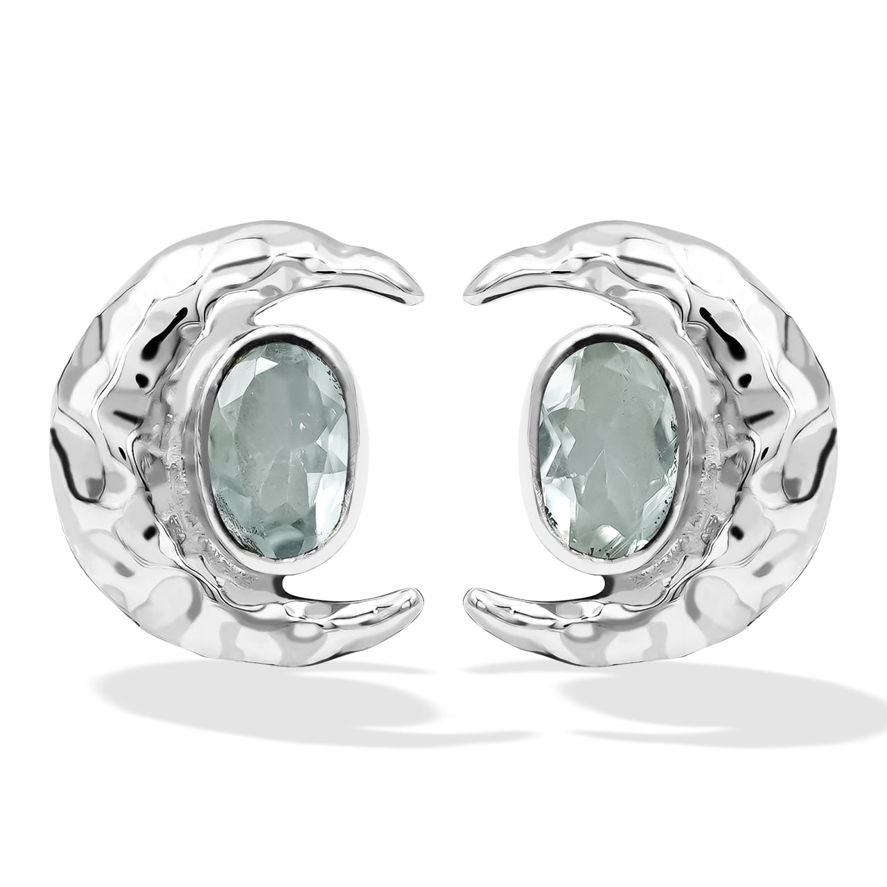 Starborn Faceted Oval Gemstone Post Earrings with Hammered Crescent Moon Accent in Sterling Silver