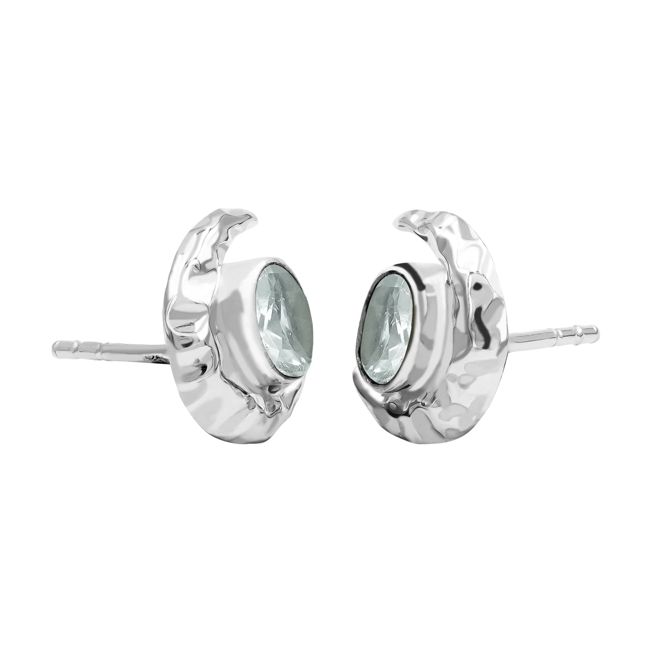Starborn Faceted Oval Gemstone Post Earrings with Hammered Crescent Moon Accent in Sterling Silver