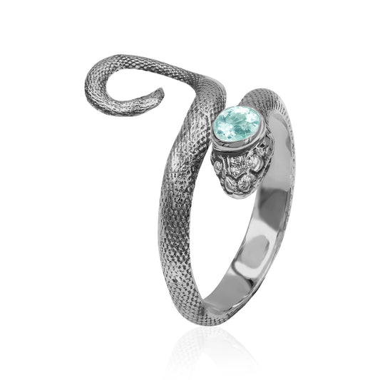 Starborn Coiled Snake Ring with Faceted Aquamarine in Sterling Silver