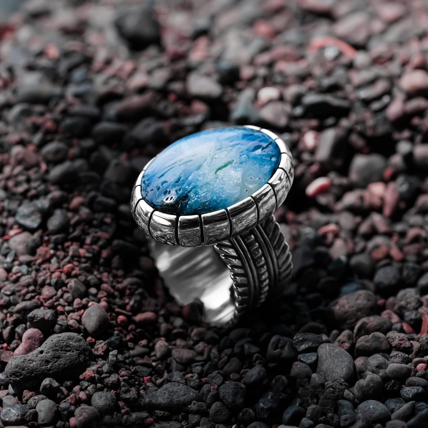 Starborn Blue Ice Glacierite Striped Bezel Ring with Bali Design Shank in Sterling Silver
