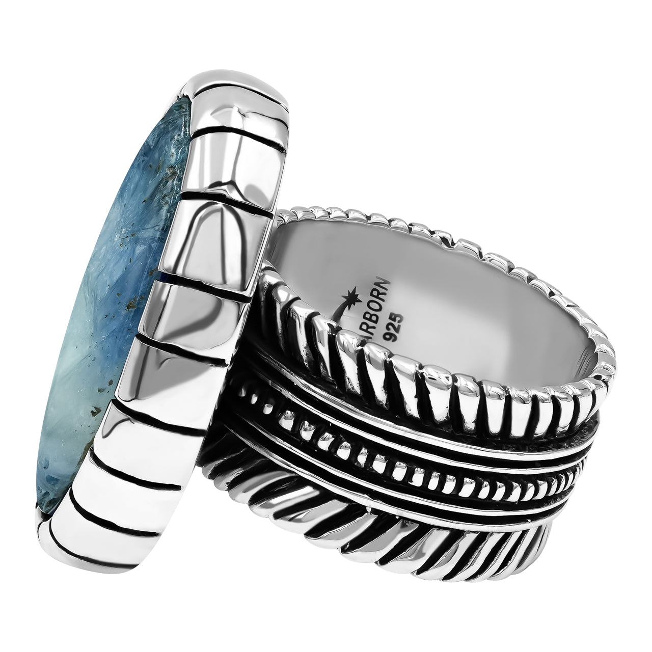 Starborn Blue Ice Glacierite Striped Bezel Ring with Bali Design Shank in Sterling Silver