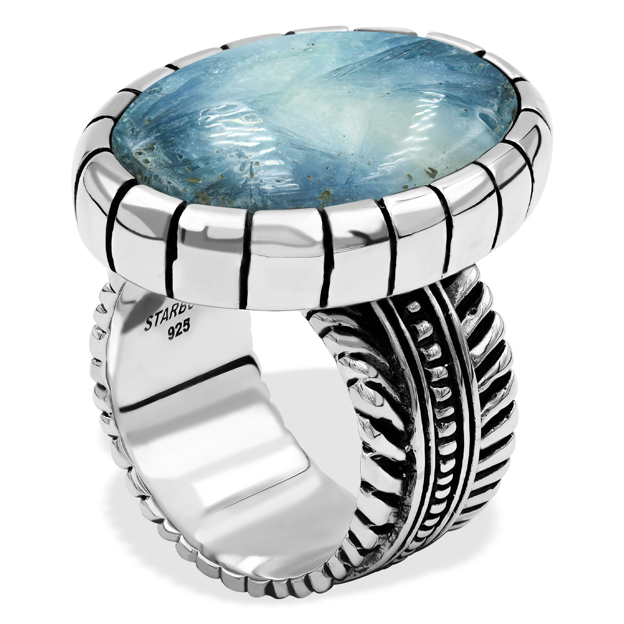 Starborn Blue Ice Glacierite Striped Bezel Ring with Bali Design Shank in Sterling Silver