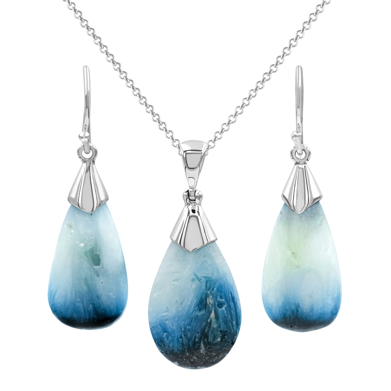 Starborn Blue Ice Glacierite Sterling Silver Pendant and Earring Set - Pear Shaped