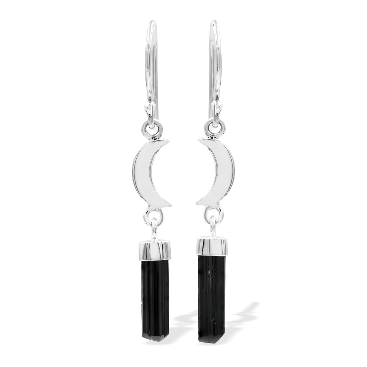 Starborn Black Tourmaline Crystal with Silver Crescent Moon Accents Dangle Earring in Sterling Silver