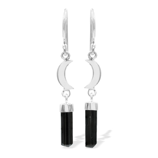 Starborn Black Tourmaline Crystal with Silver Crescent Moon Accents Dangle Earring in Sterling Silver