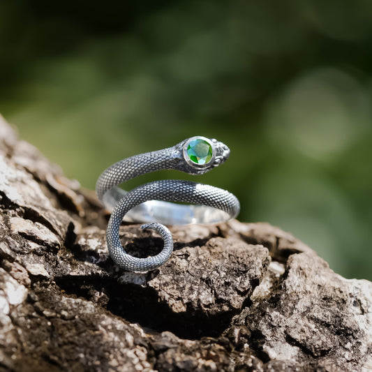 Starborn Coiled Snake Ring with Faceted Chrome Diopside in Sterling Silver