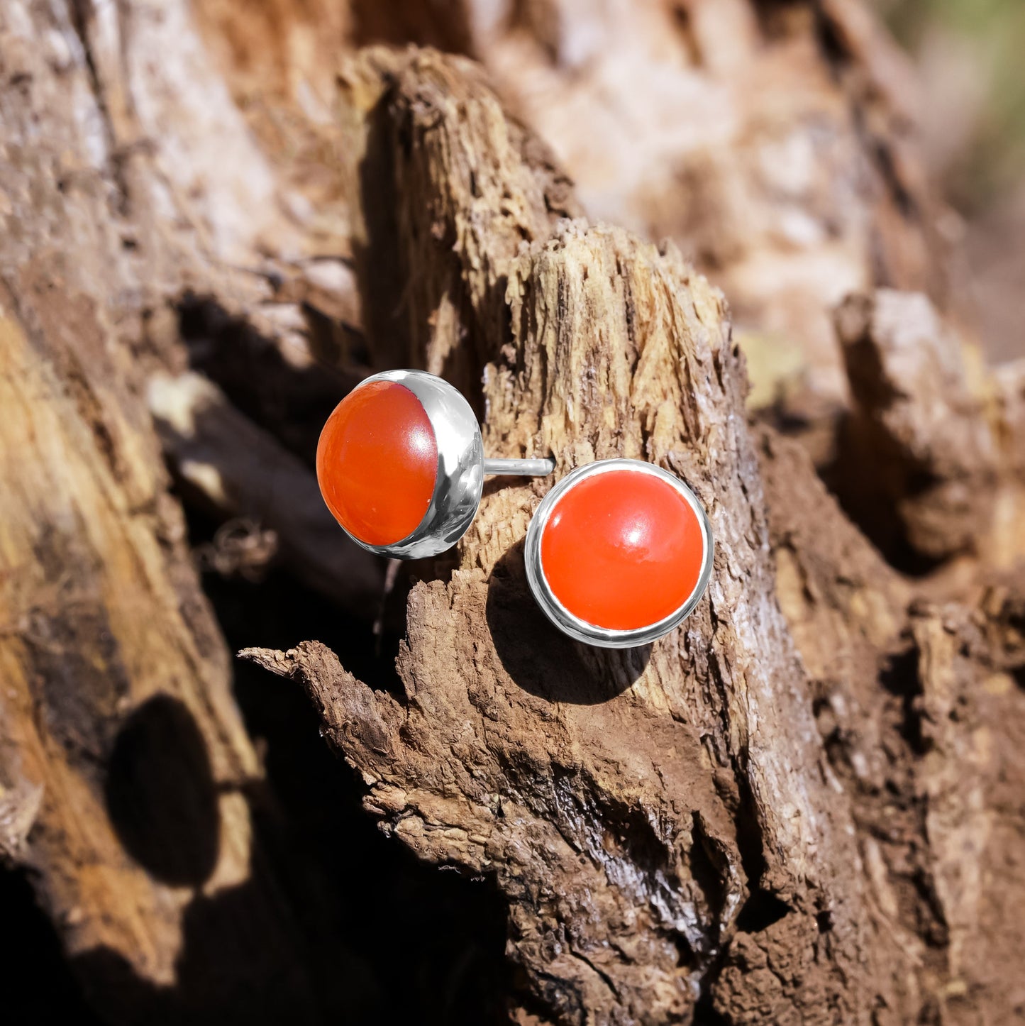 Starborn Carnelian Round Cabochon Single Bezel Post Earrings in Sterling Silver