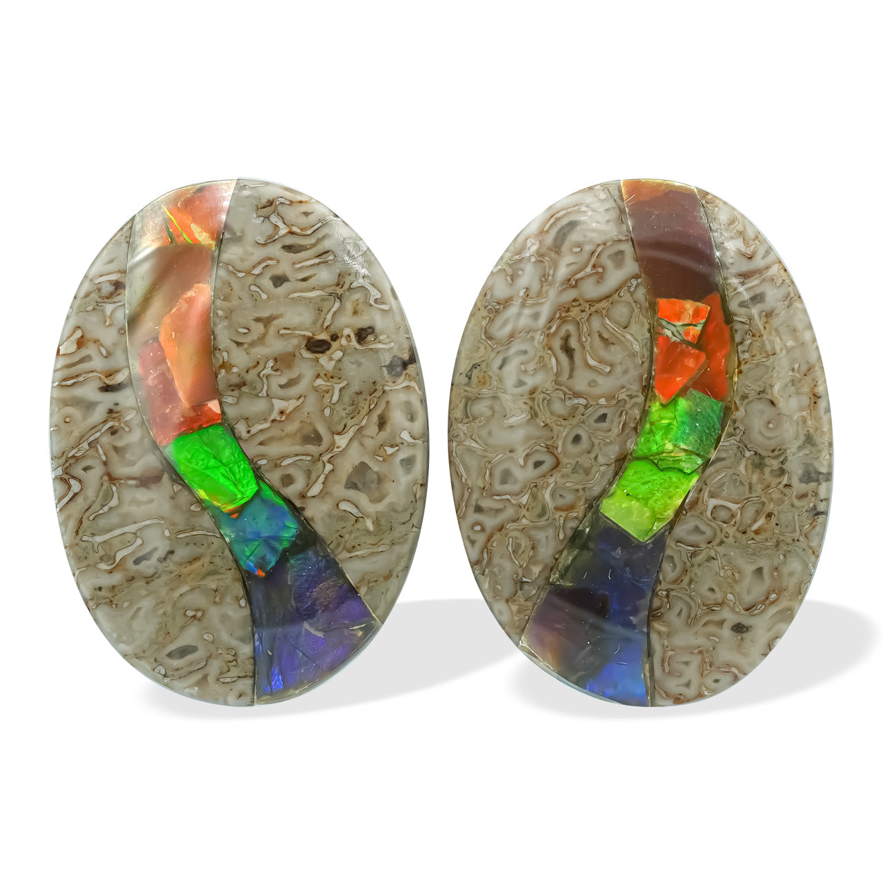 Starborn Fossil Dinosaur Bone with Ammolite Inlay Cabochon Oval 25mm - 1 pair