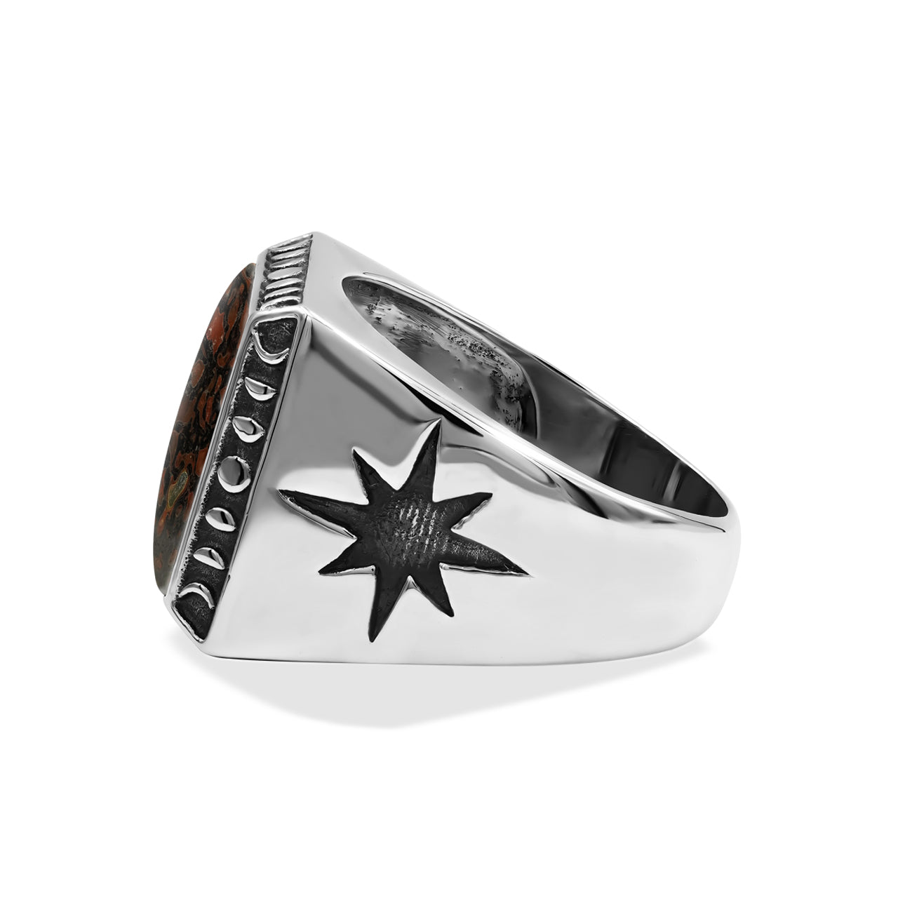 Starborn Fossil Dinosaur Bone Men's Ring with Octagram in Sterling Silver