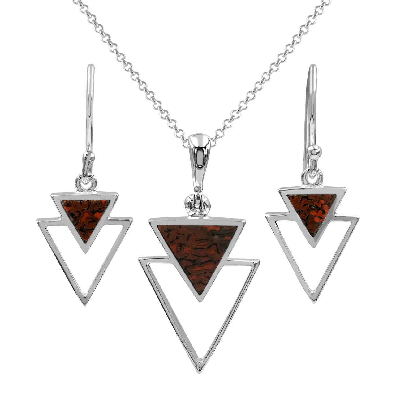 Starborn Fossil Dinosaur Bone Triangle Stacked Pendant and Earring Set in Sterling Silver