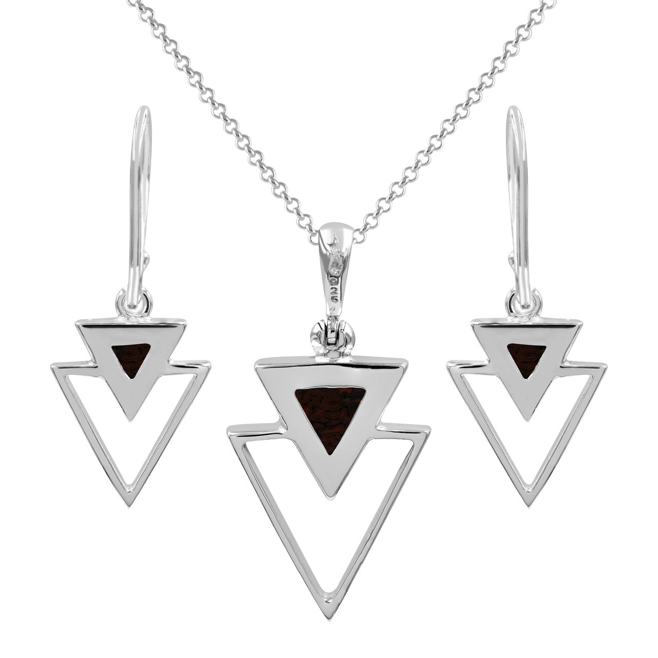 Starborn Fossil Dinosaur Bone Triangle Stacked Pendant and Earring Set in Sterling Silver