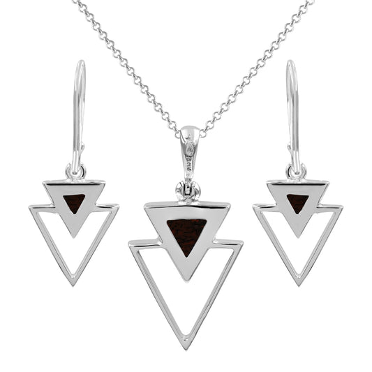 Starborn Fossil Dinosaur Bone Triangle Stacked Pendant and Earring Set in Sterling Silver