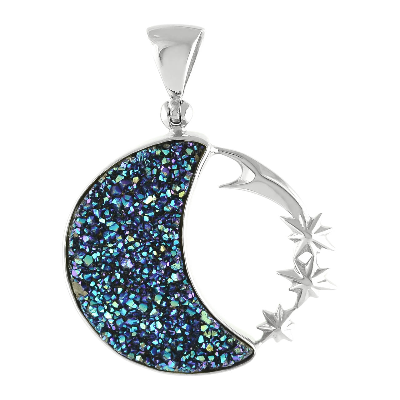 Starborn Quartz Drusy Crescent Moon Pendant with Starborn Logo in Sterling Silver