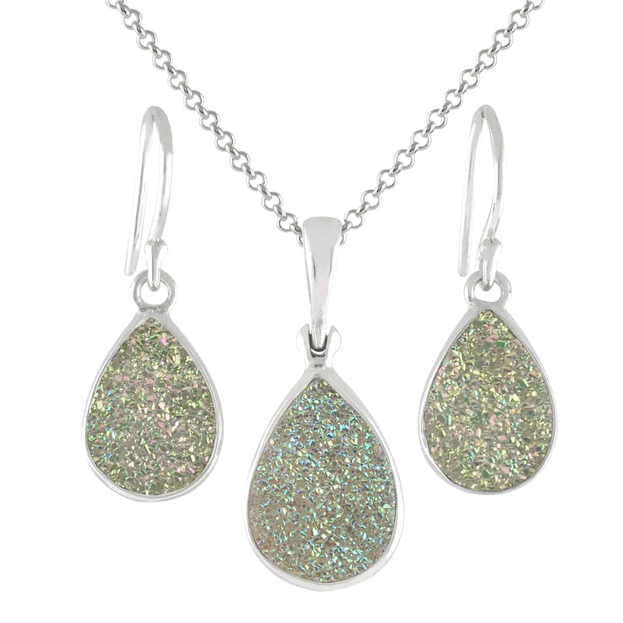 Starborn Aura Quartz Drusy Pendant and Earring Set in Sterling Silver