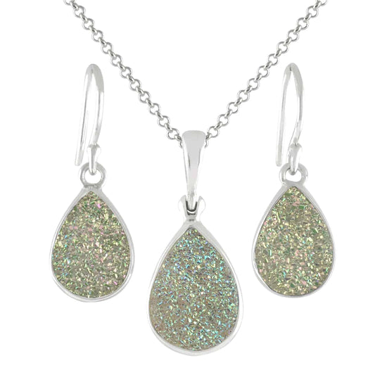 Starborn Aura Quartz Drusy Pendant and Earring Set in Sterling Silver