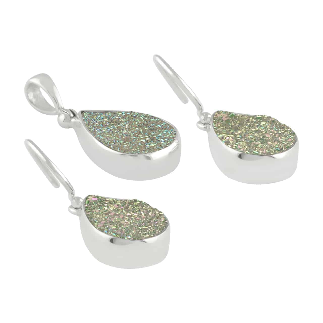 Starborn Aura Quartz Drusy Pendant and Earring Set in Sterling Silver