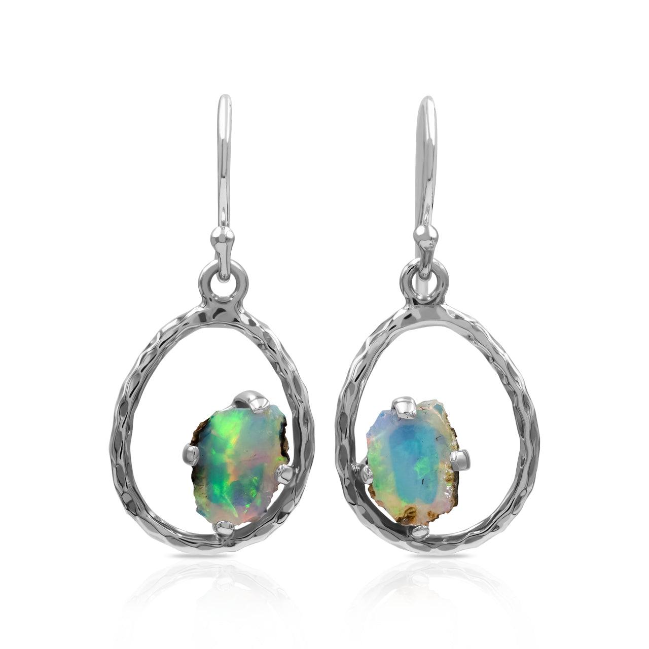Starborn Raw Natural Ethiopian Opal Sterling Silver Hammered Hoop Earrings