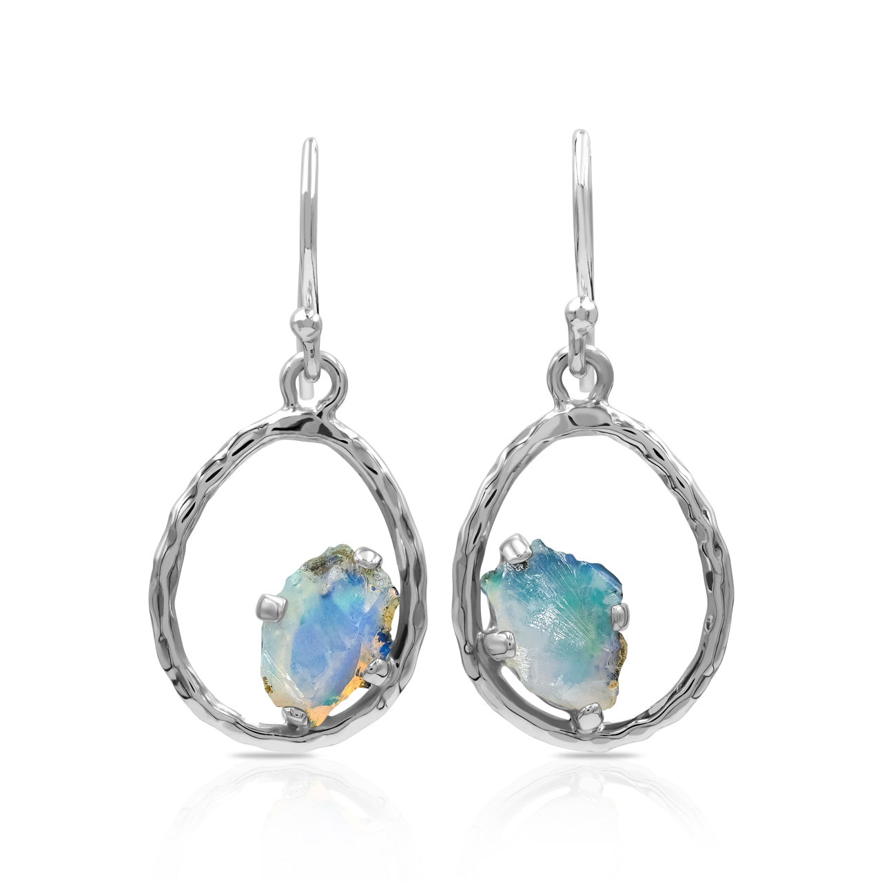 Starborn Raw Natural Ethiopian Opal Sterling Silver Hammered Hoop Earrings