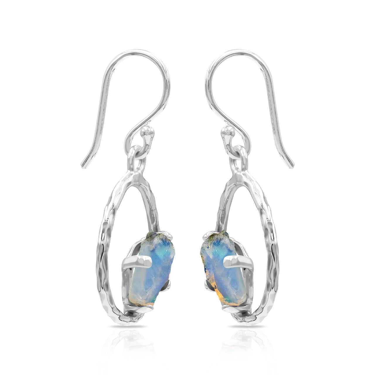 Starborn Raw Natural Ethiopian Opal Sterling Silver Hammered Hoop Earrings