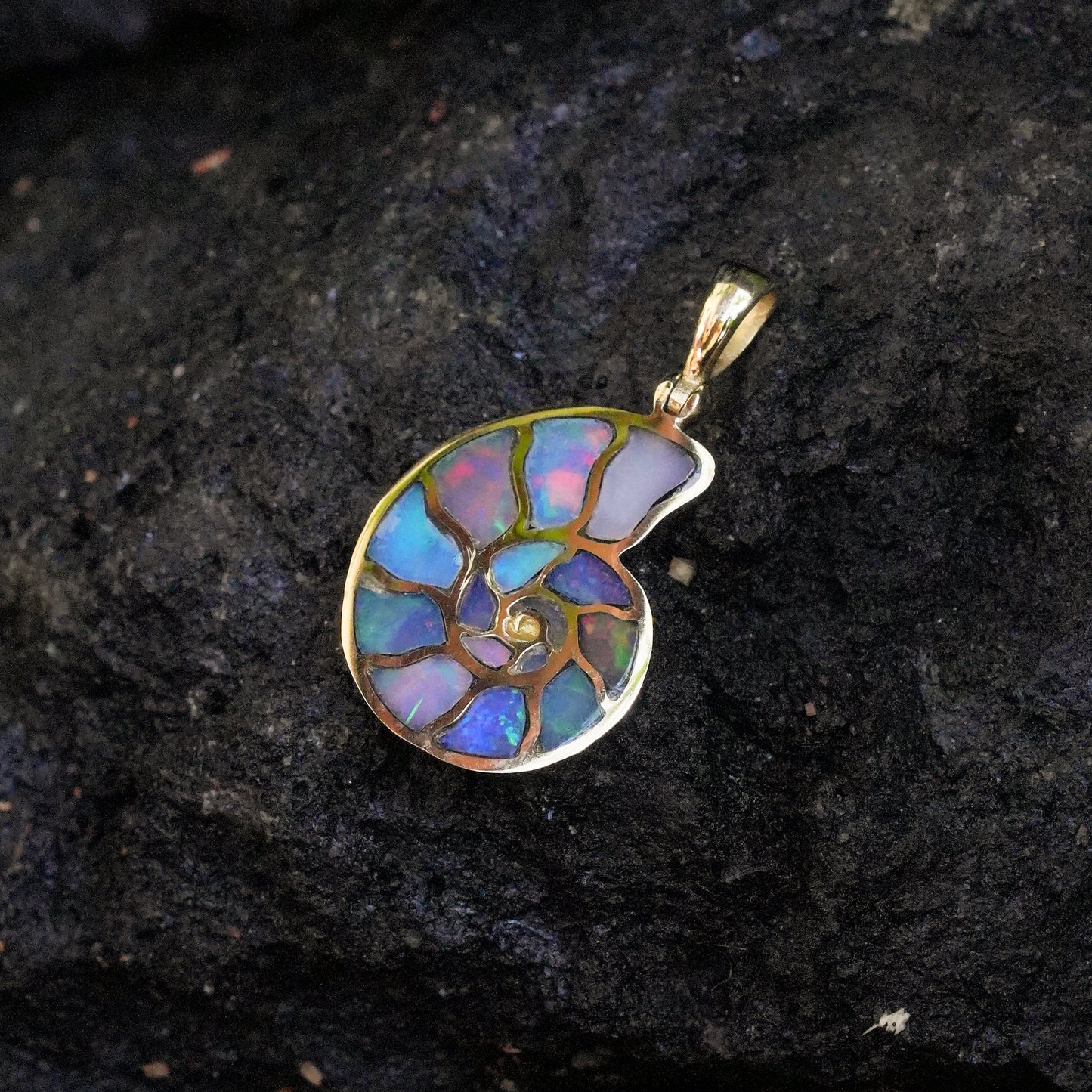 Starborn Ethiopian Opal Inlay Nautilus Ammonite Pendant in Sterling Silver