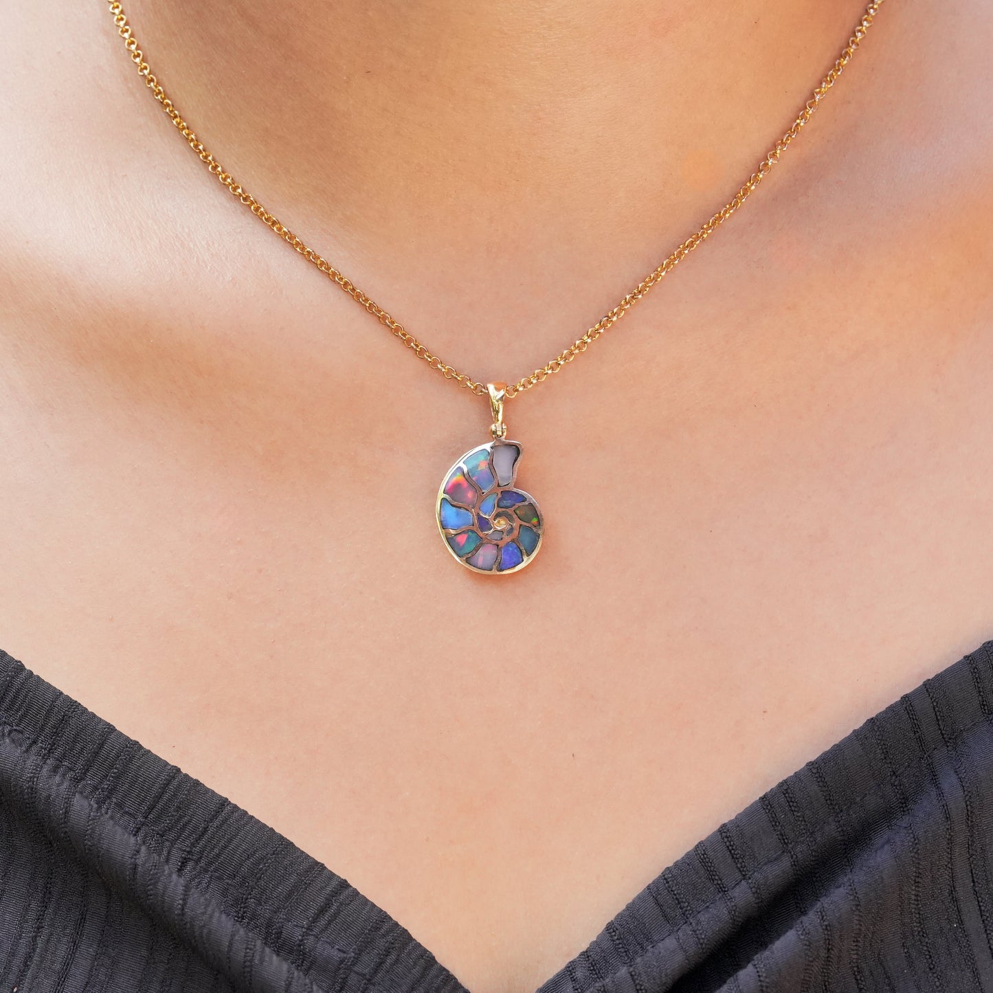 Starborn Ethiopian Opal Inlay Nautilus Ammonite Pendant in Sterling Silver