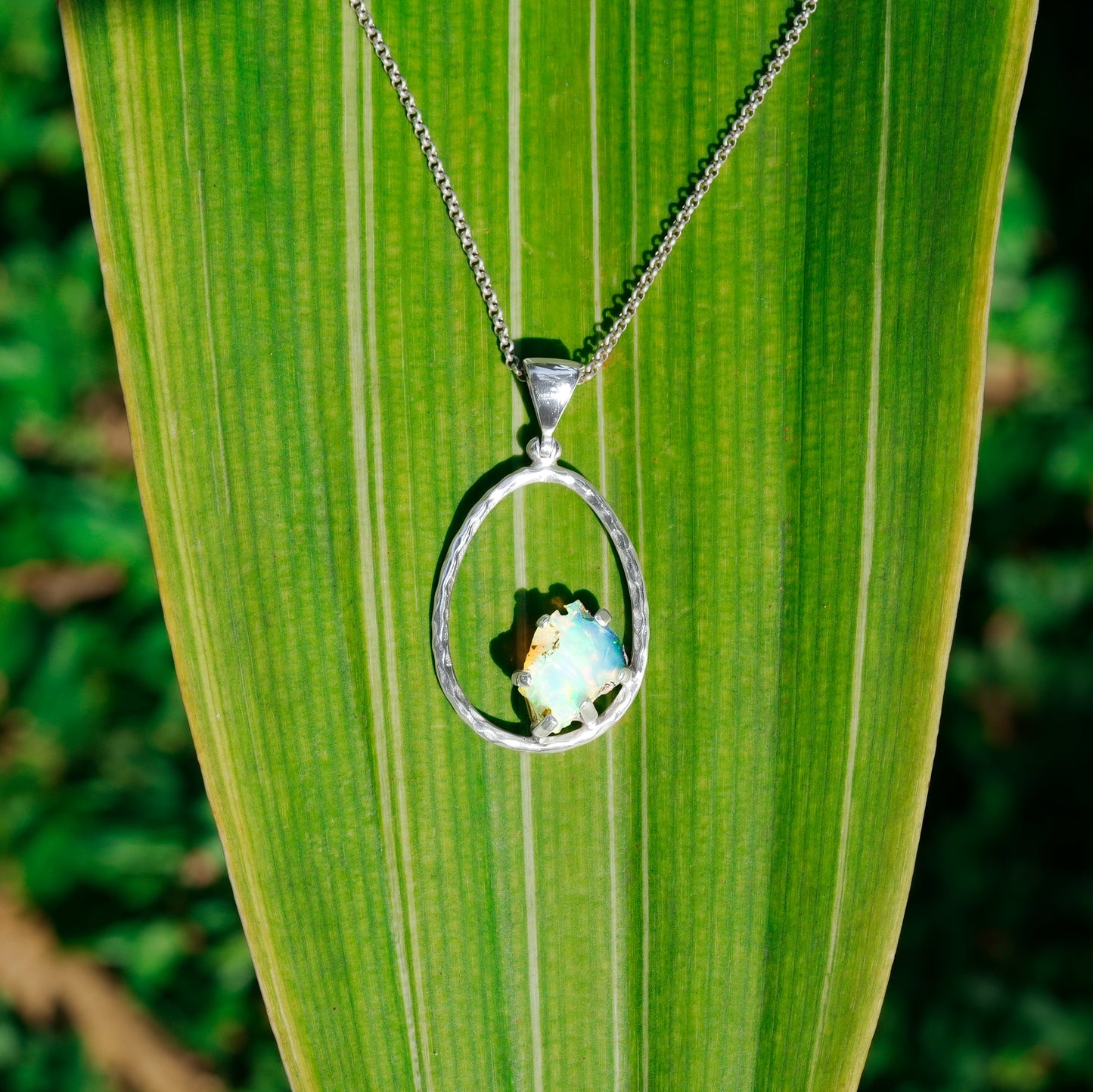 Starborn Raw Natural Ethiopian Opal Sterling Silver Hammered Hoop Pendant