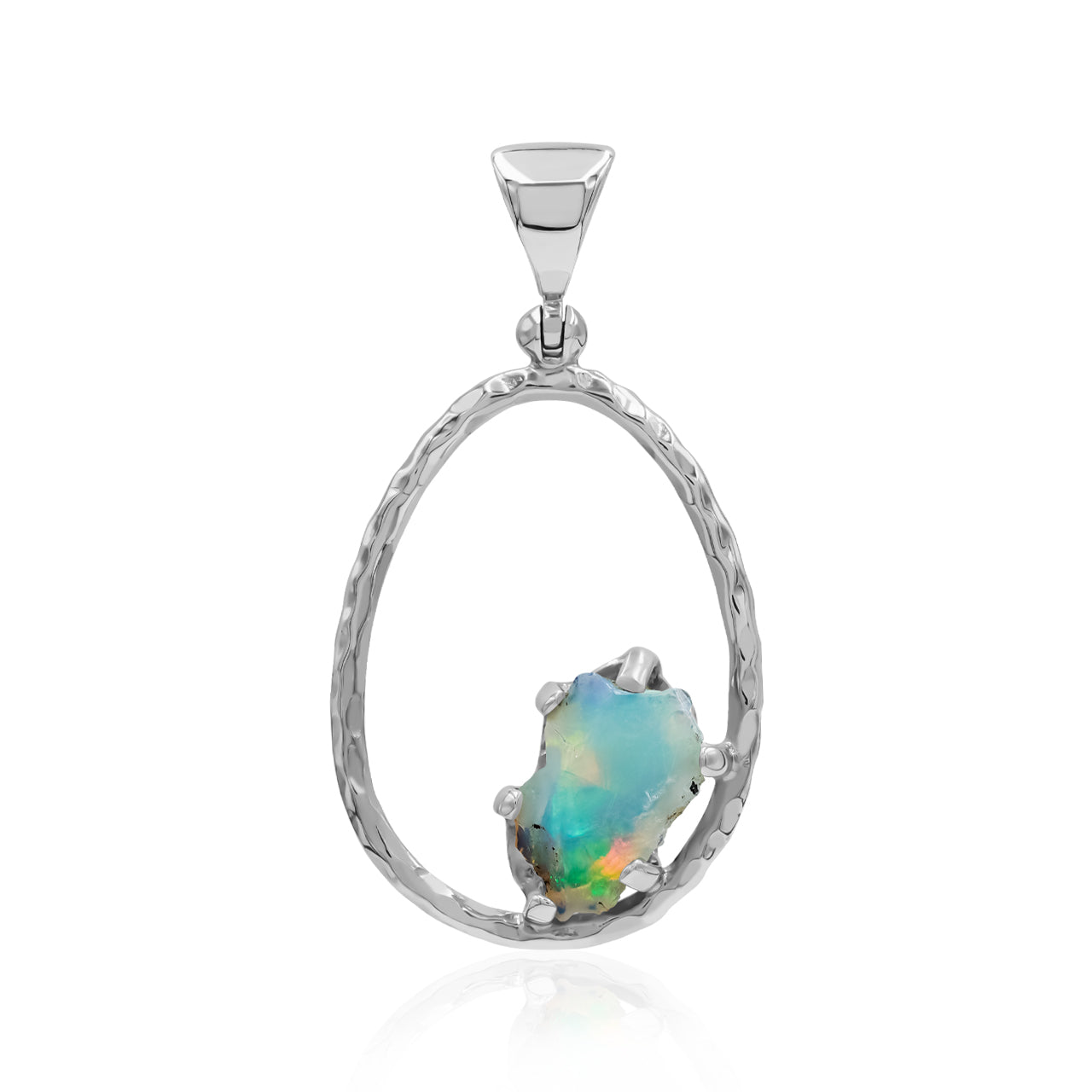 Starborn Raw Natural Ethiopian Opal Sterling Silver Hammered Hoop Pendant