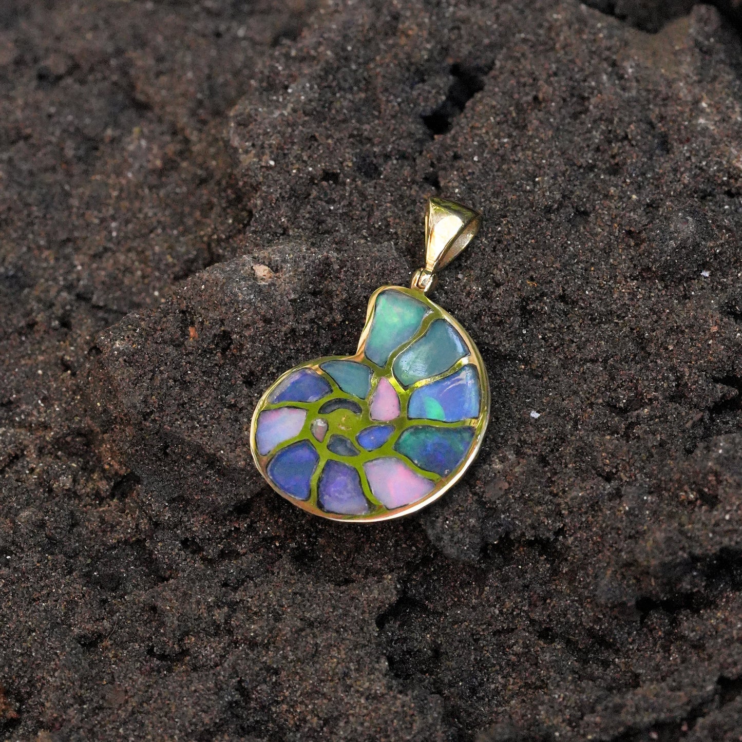 Starborn Ethiopian Opal Inlay Nautilus Ammonite Pendant in Sterling Silver
