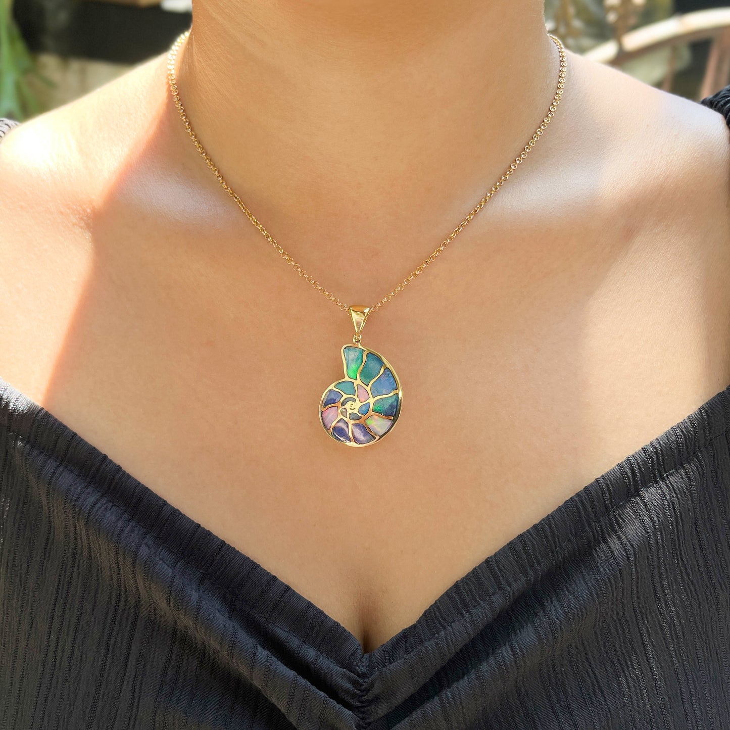 Starborn Ethiopian Opal Inlay Nautilus Ammonite Pendant in Sterling Silver