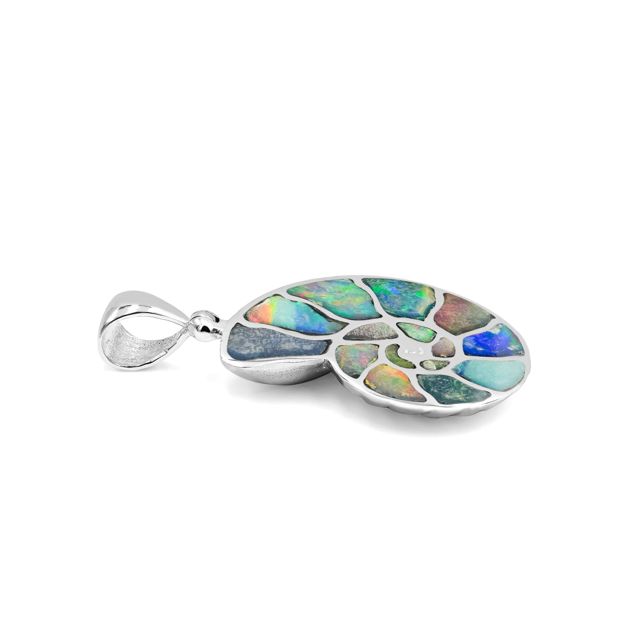 Starborn Ethiopian Opal Inlay Nautilus Ammonite Pendant in Sterling Silver