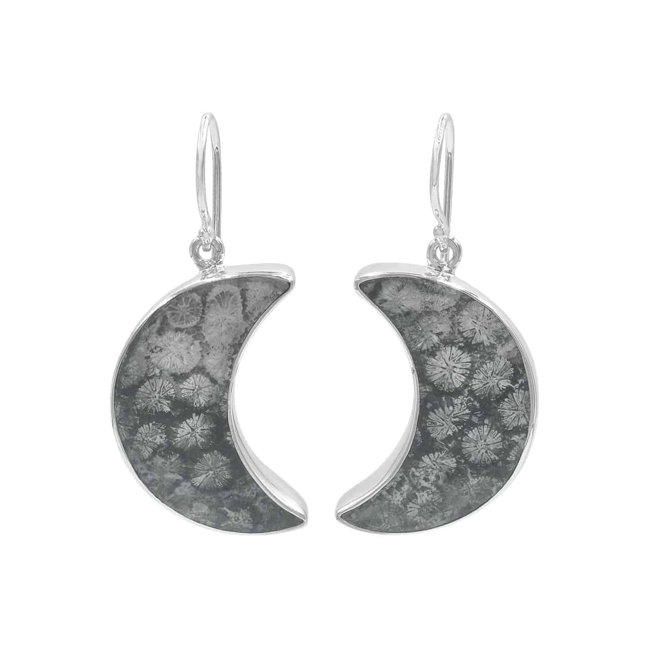 Starborn Fossil Coral Crescent Moon Earrings in Sterling Silver