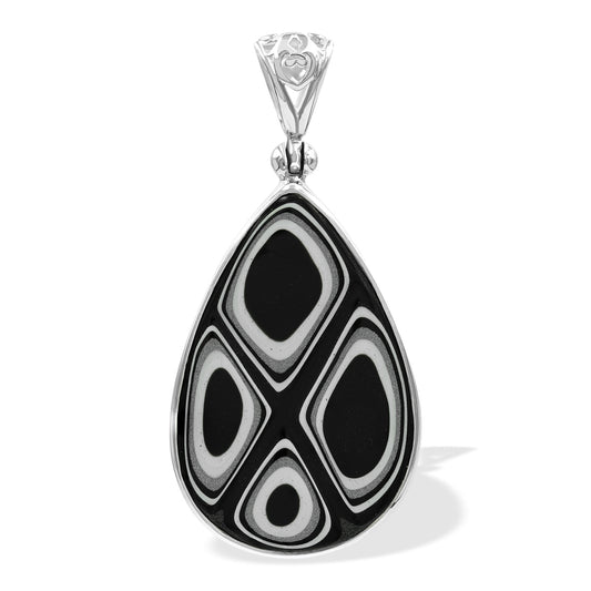 Starborn Black & White Fordite 30mm Pear Pendant in Sterling Silver