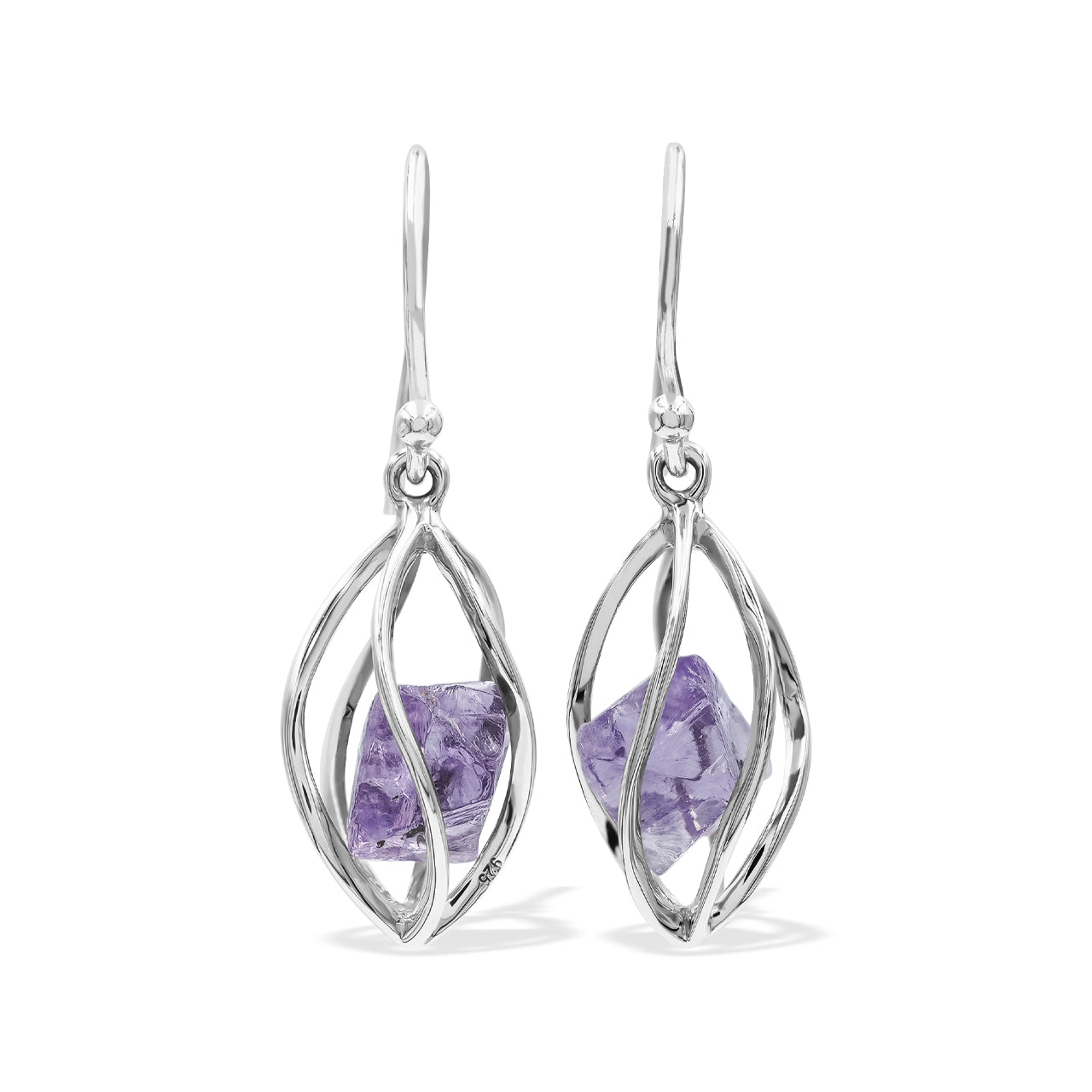 Starborn Purple Fluorite Crystal Spiral Caged Earrings in Sterling Silver