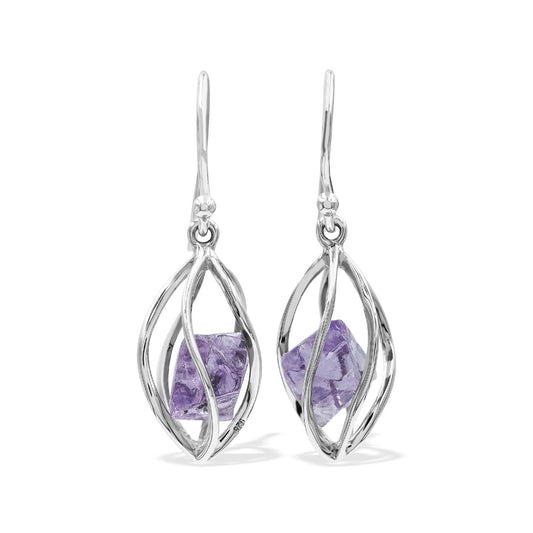 Starborn Purple Fluorite Crystal Spiral Caged Earrings in Sterling Silver
