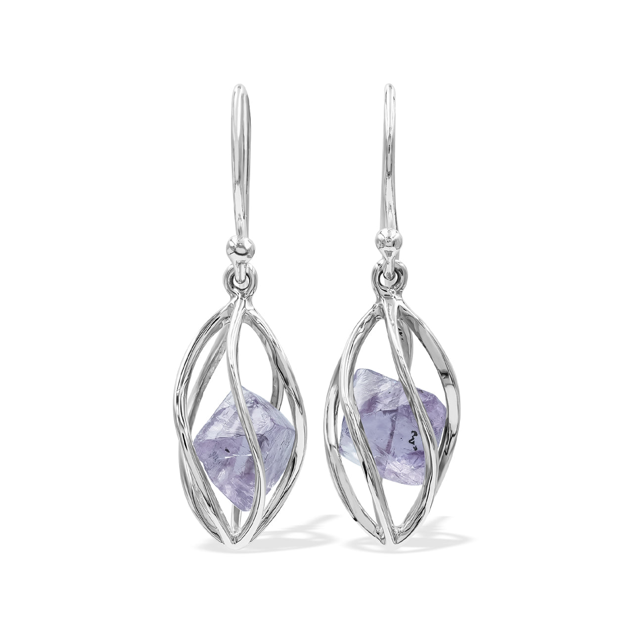 Starborn Purple Fluorite Crystal Spiral Caged Earrings in Sterling Silver