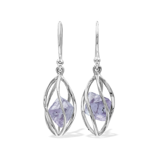 Starborn Purple Fluorite Crystal Spiral Caged Earrings in Sterling Silver